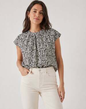 Everlane SZ XXS The Gathered Neck Top Bone/Black Mini Floral NWT
